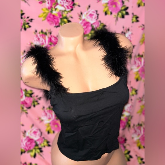 Black feather marabou tank top shirt crop cotton pinup retro rockabilly sexy nwt - Picture 2 of 5